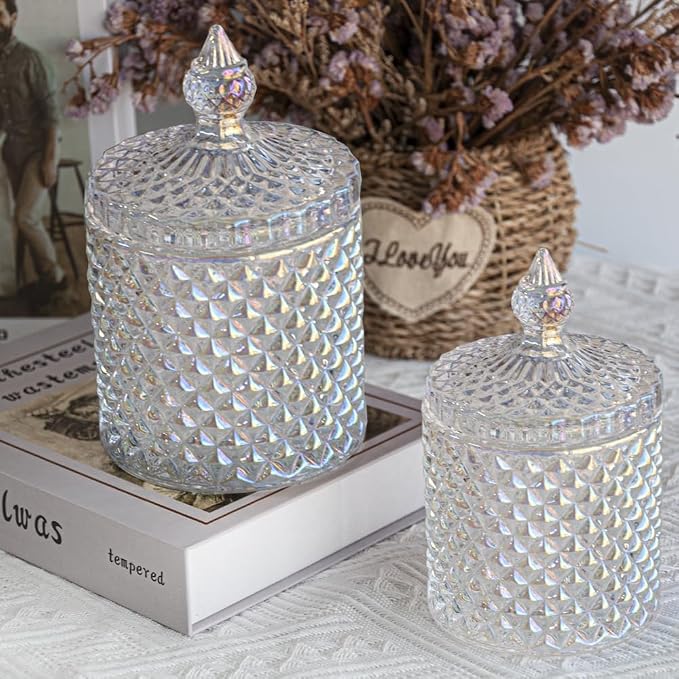 2 Pack Glass Qtip Holder, Apothecary Jars with Lids Bathroom Storage | Dazzle (10+24oz), Storage for Cotton Swabs, Balls, Pads, Floss Pick, Makeup, Candy & Jewelry, Vanity Organizer for Bathroom