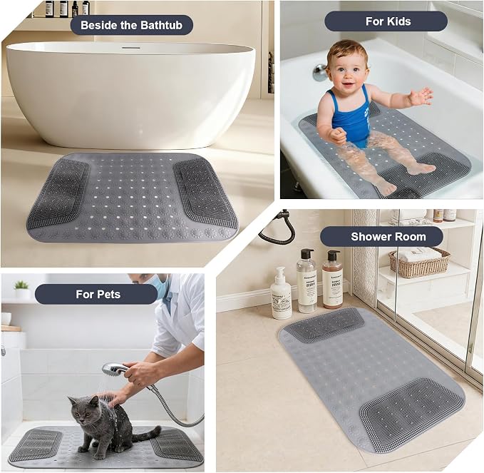 Bathtub Shower Mat Non Slip, 28.7x18.9 inch Silicone Bathroom Mat with Foot Scrubber on Both Sides, Drain Hole and Suction Cups, Machine Washable Bath Mats for Elderly, Pet (Gray)