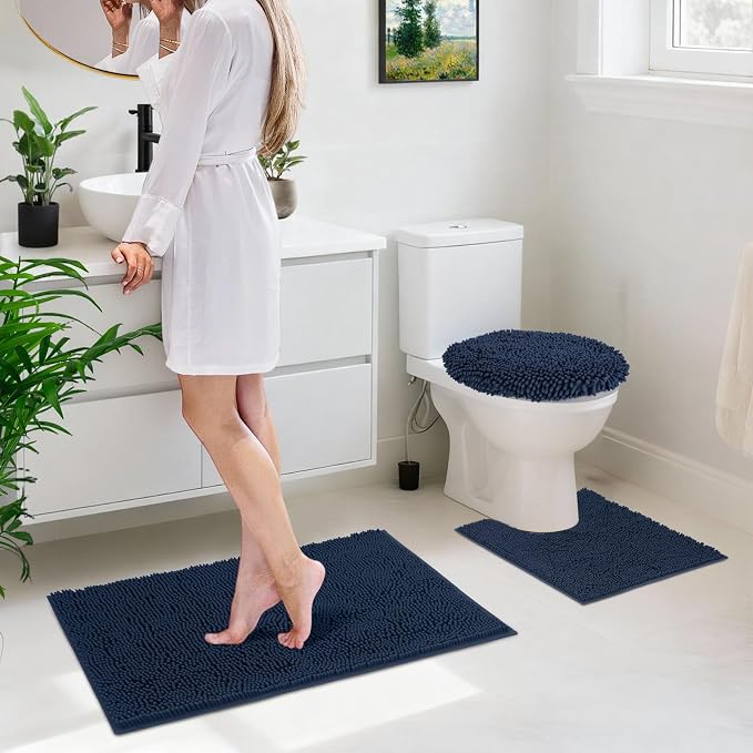 Bathroom Rugs Sets 3 Piece with Toilet Seat Cover 19.5"x 18.5" | Machine Washable Bath Rug Set with Tpr Non Slip Rubber Backing Solid Bath Mat Set for Luxury Bathroom Decoration