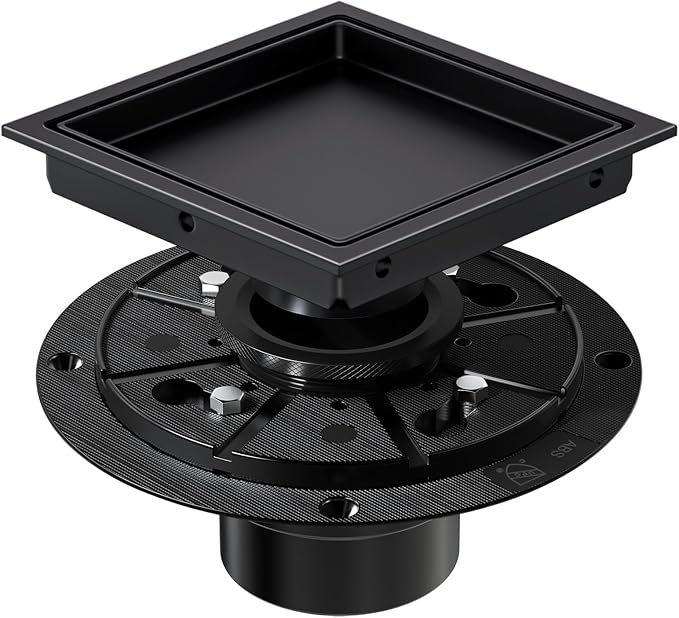 EXF Square Shower Drain 6 Inch Matte Black with Tile Insert Grate, Stainless Steel Shower Floor Drain with Flange, Hair Catcher