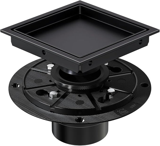 EXF Square Shower Drain 6 Inch Matte Black with Tile Insert Grate, Stainless Steel Shower Floor Drain with Flange, Hair Catcher