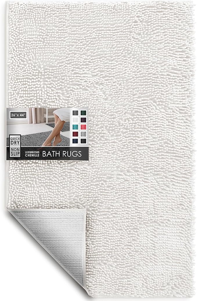 Hearth & Harbor Bathroom Rugs, Chenille Bath Mat - Machine Washable Bath Mats for Bathroom Non-Slip Backing Rubber, Quick Dry Bathroom Mat - Off-White Bath Rug, 26x44
