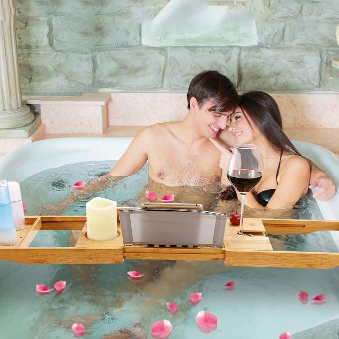 Moclever Bathtub Caddy Trays - Premium Bamboo Bath Trays with Extending Sides, Reading Rack, Tablet Holder, Cell Phone Tray and Luxury Wine Glass Holder - Natural Bamboo Color