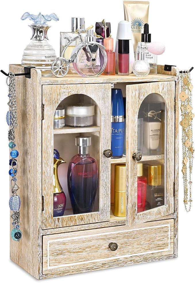 Ikee Design Wooden Countertop Storage Cabinet with Magnetic Door, Adjustable Shelves, Removable Hooks and Drawer for Perfume, Makeup, Pantry, Vintage White, 12.2 W x 6 D x 15.7 H in