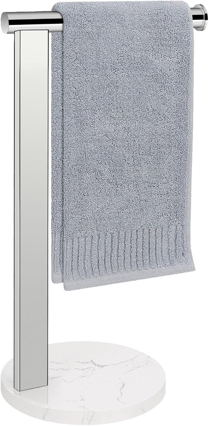 Hand Towel Holder Stand for Bathroom, L- Shaped Standing Hand Towel Rack, Towel Bar Kitchen Vanity Countertop Organizer, SUS304 Stainless Steel Material (Marble Base, Chrome)