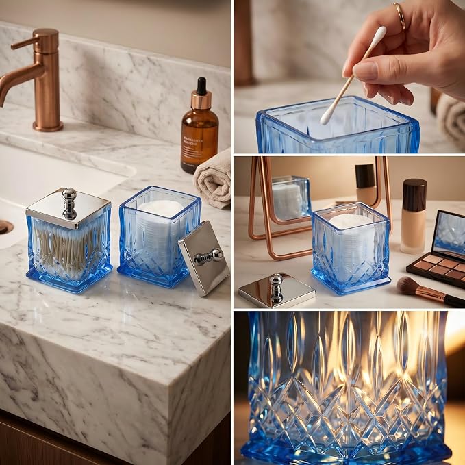 2 Pack Glass Qtip Holder Dispenser Set, Square Bathroom Apothecary Jars with Silver Lid for Cotton Swabs, Balls, Pads, Floss Picks, Vanity Storage Container for Makeup, Candy, Jewelry(15 Oz, Blue)