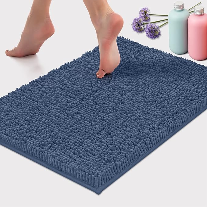 LuxUrux 3-Piece Bathroom Rug Set – Plush Chenille Bath Mats & U-Shaped Toilet Mat, Ultra-Soft, Absorbent & Non-Slip (20x20 U, 16x24 & 20x30 inches, Medium Blue)