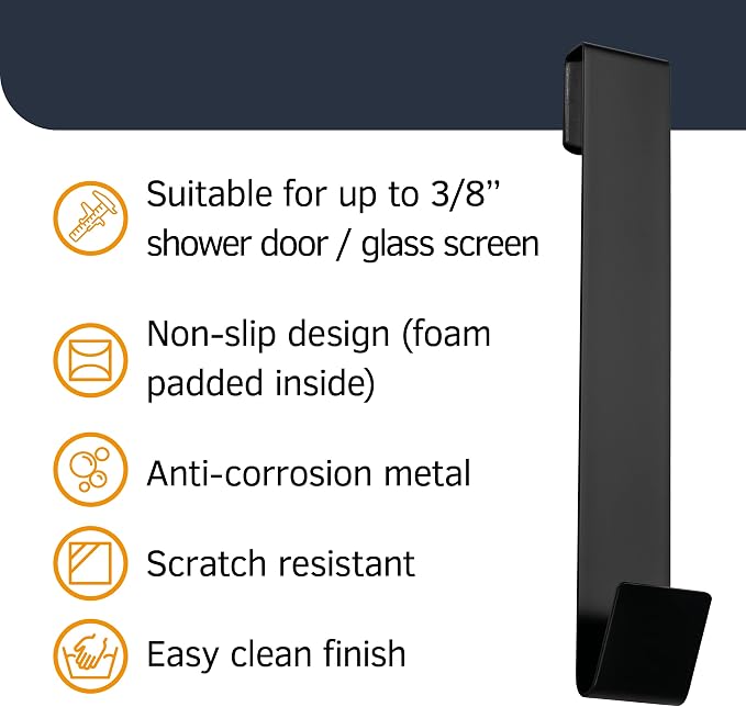 8" Black Stainless Steel Foam-Backed Shower Door Hooks, 2 Pack, Non-Slip, Fits 3/8" (10mm) Glass Doors
