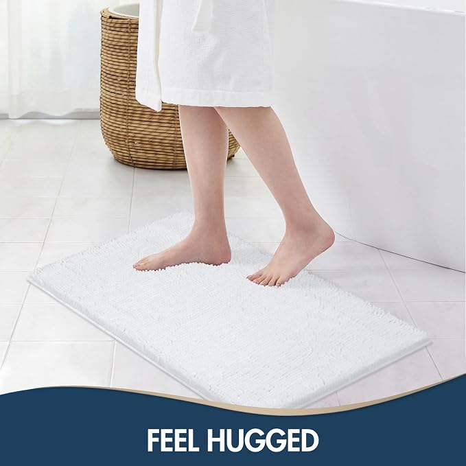 TREETONE Bathroom Rugs Sets, Thick Soft Absorbent 3 Piece Chenille Bath Rugs, Non-Slip, Dry Quickly, Machine Washable, Shaggy Mats with U-Shaped Toilet Rug for Bathroom Floor, Tub and Shower, White