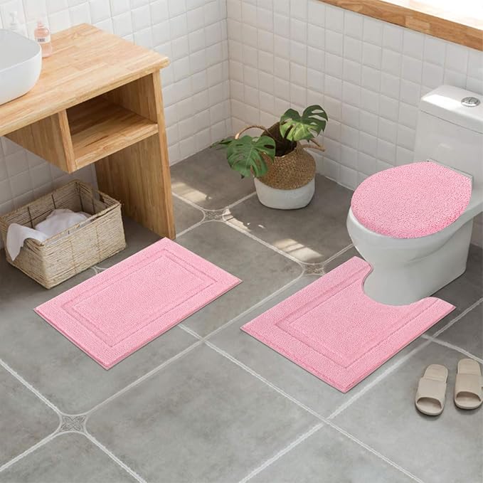 SHACOS 3 Pieces Bath Rugs Set with Toilet Lid Cover Soft Absorbent | Bath Mats U Shape Contour Rug Toilet Cover Absorbent Non Slip Machine Washable Plush Bathroom Rug (Pink)