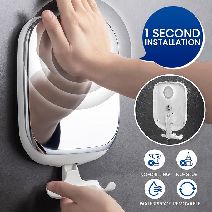 TAILI Shower Mirror Fogless for Shaving,Fogless Mirror Suction Wall Mounted | Shower Mirror Fogless, Shaving Mirrors, Removable & Reusable, Wall Mount, Razor Holder Storage, Bathroom Accessories, White