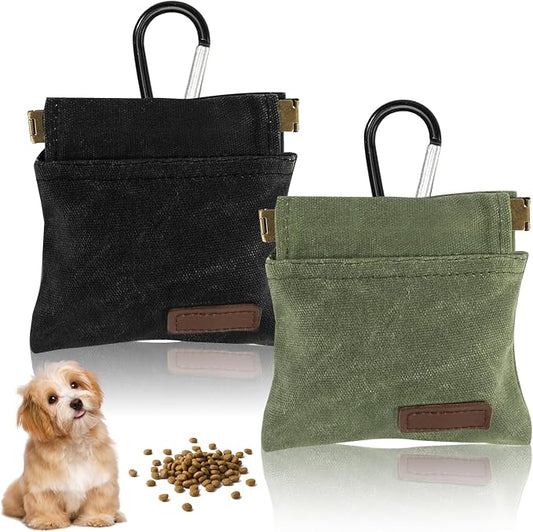 2Pcs Dog Treat Pouch, Dog Treat Pouches for Pet Training, Portable Auto Closing Dog Walking Bag with Carabiner for Puppy Travel or Outdoor Use Black Green