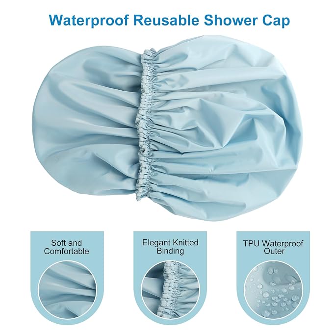 Shower Cap for Women, Large Waterproof Shower Bonnet | Double Layer, Reusable Hair Protector, Washable Large Bath Cap, Wide Elastic Band, for Long Hair, Braids - Blue