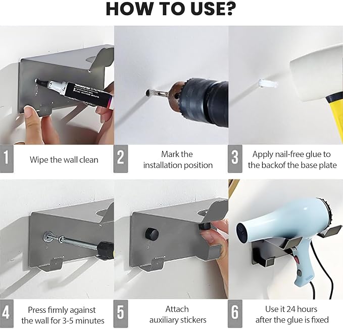 Stainless Steel Hair Dryer Holder Wall Mounted Blow Dryer Organizer with Hooks & Plug Cord Organizer Adhesive for Bathroom Cabinet (Grey)