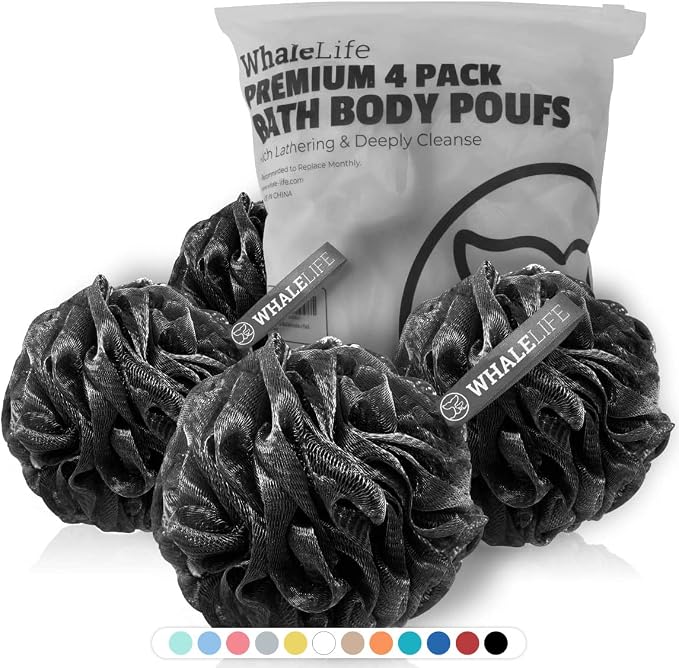 WhaleLife Bath Loofah Sponge for Shower - Body Scrubber 4-Pack Black | 10X Suds Save Body Wash Double Knotted Anti Tear Core Fast Dry Cotton Loop Stay Fresh Large Mesh for Sensitive Skin