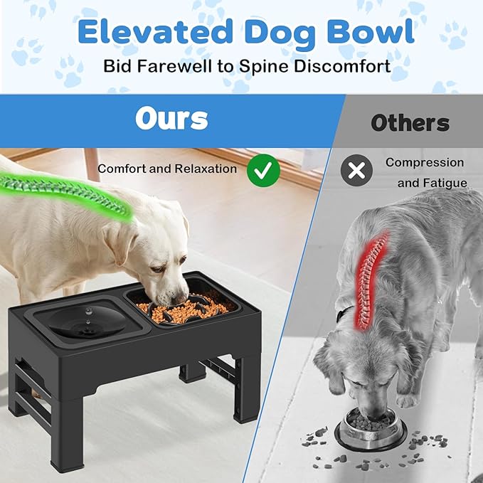 2-in-1 Elevated Dog Bowls, No Spill Water Bowl, Slow Feeder Food Bowl | 4 Adjustable Heights, Food and Water Bowl Set, Non-Skid, Raised Pet Bowl Stand for Medium Large Dogs, Slow Eating, Easy Setup
