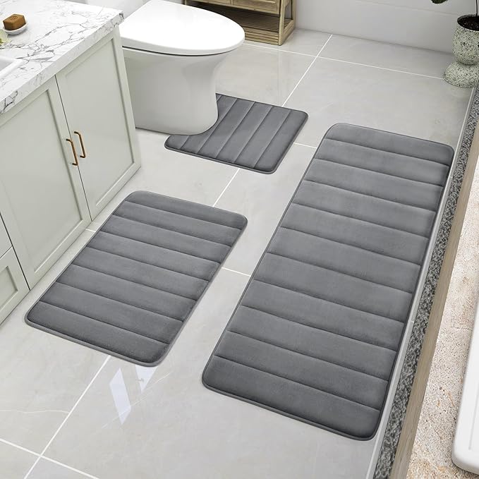BYSURE Dark Grey Memory Foam Bath Mats Extra Long | Non Slip Extra Soft Absorbent Machine WashableToilet Bathroom Rug Set 3 Piece 20"x32"+24"x44"+U Shape 20"x24"