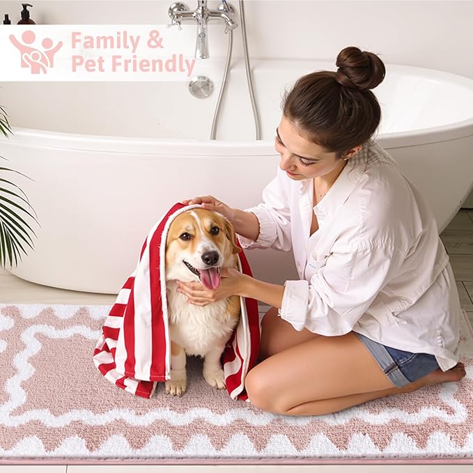 Findosom Bathroom Rugs Sets 3 Piece, Absorbent Soft Non-Slip Bath Rug Set | Washable Microfiber Shaggy Scalloped Bath Mat Set with Door Mat, U-Shaped Toilet Rugs, Shower Rug, Pink
