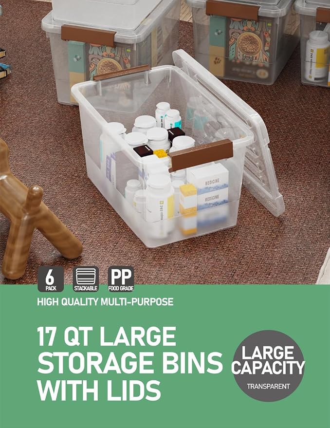 WYT 6 Pack 17qt Clear Plastic Storage Bin with Lid and Latching Buckles, Stackable Tote Organizing Box with Handle