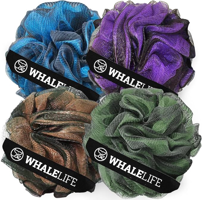 Bath Loofah Sponge for Shower Body Scrubber for Women Men 4Pc Mixed Colors | 10X Suds Save Body Wash Double Knotted Anti Tear Core Fast Dry Cotton Loop Stay Fresh Large Mesh for Sensitive Skin