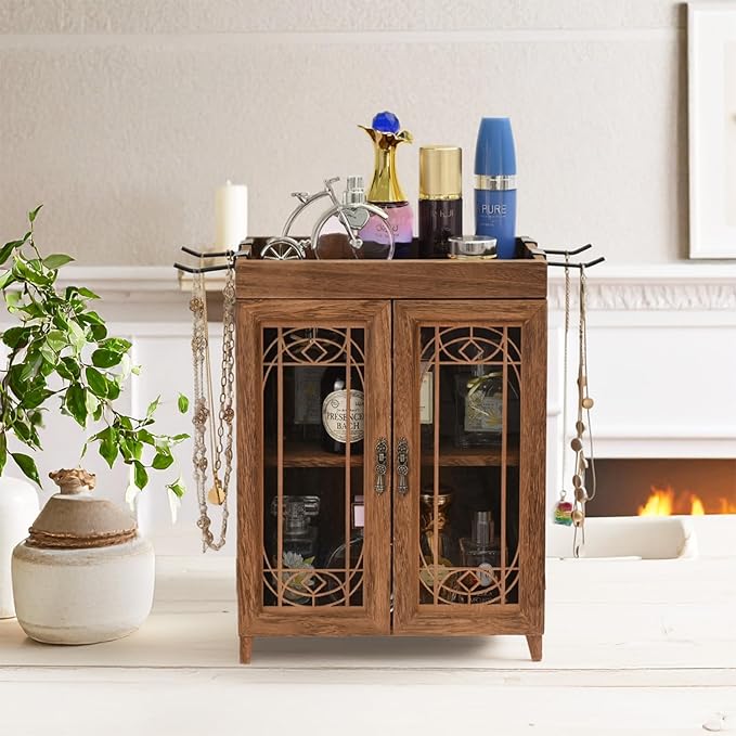 Ikee Design 4-Tier Small Wooden Countertop Storage Cabinet with Adjustable Shelves and Doors, Removable Hooks, Perfect for Perfume, Pantry, Essential Oil, Collection, 14.8W x 6.1D x 14.4H in, Brown