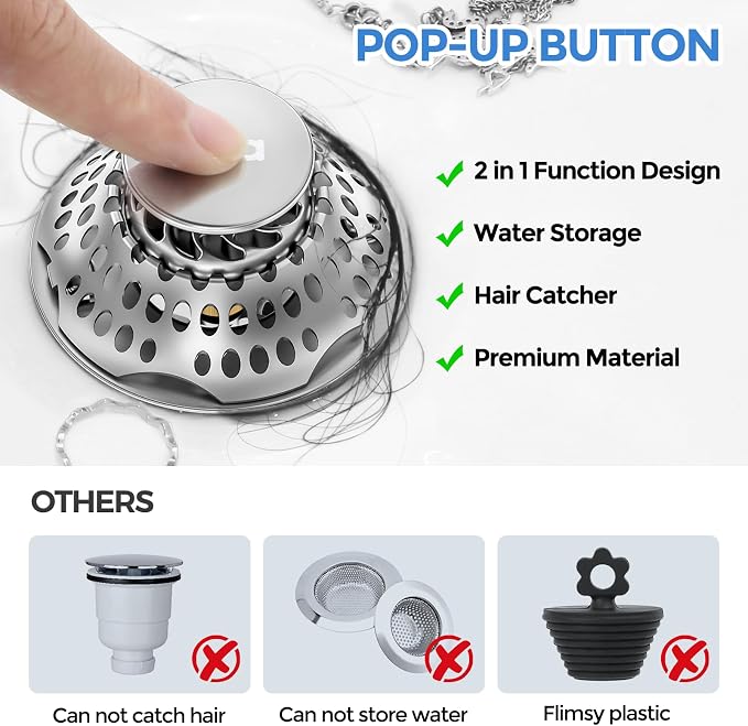 zaa 2 in 1 Bathtub Drain Stopper & Hair Catcher Pop-Up Plug | Upgraded Silver Pop Up Tub Plug for 1.46-2" Drain, Replaces Lift & Turn Tip-Toe or Trip Lever, Easy Hair Catcher