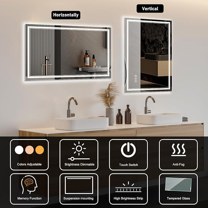 Ratsamee 40x36 Inch LED Bathroom Mirror with Frontlit & Backlit, Lighted Mirror for Bathroom Wall with 3-Color Dimmable & Anti-Fog, Vanity Mirror with Lights