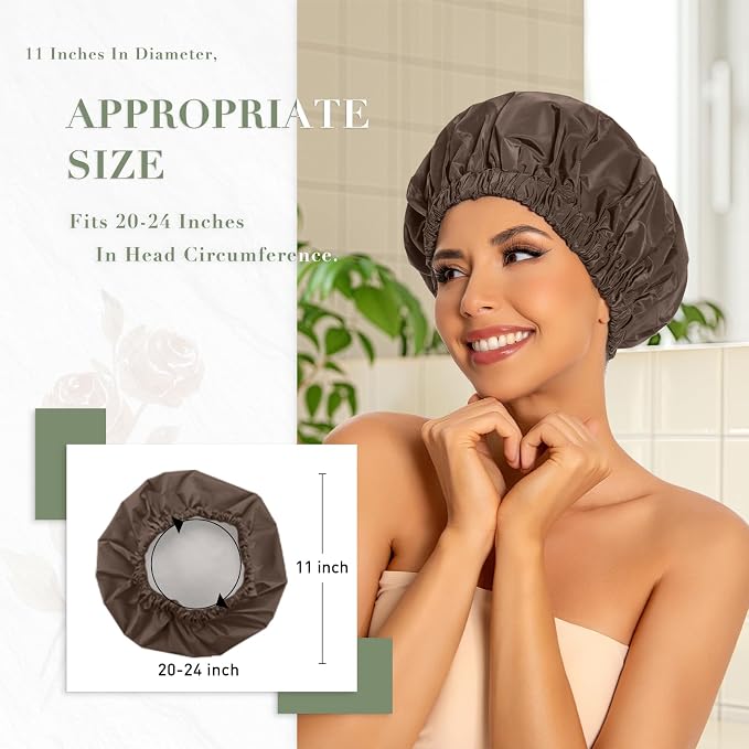 Edoneery Shower Caps for Women Reusable Waterproof, Shower Hair Cap | Washable Bonnet, Wide Elastic Band, Large Fit, Holds Long Hair, Braids Friendly, Bath Accessories, Spa, Travel