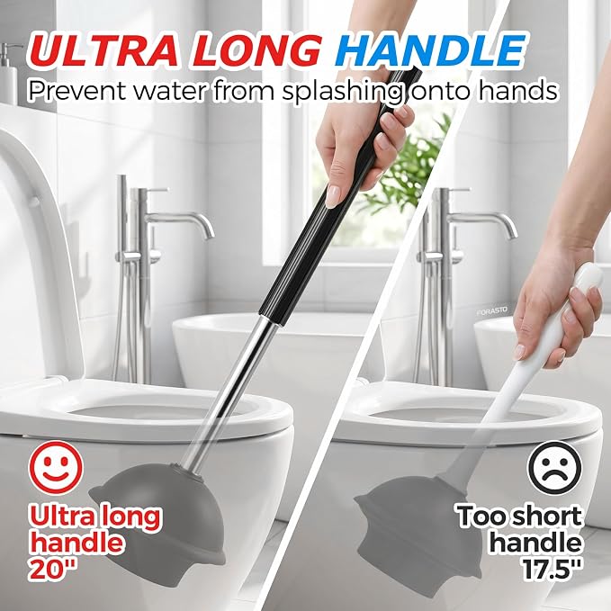FORASTO 3in1 Stainless Steel Toilet Plunger and Brush Set - Bathroom Tools | 21" Extended, Gap Brush Combo, Restroom Decor Accessories, Apartment Must Haves, Home Essentials for New Home