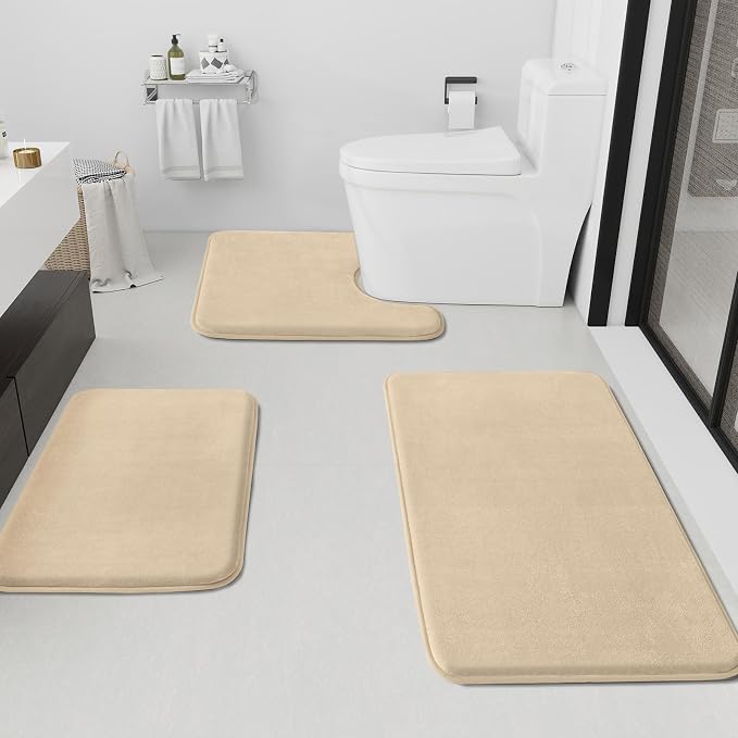 Bathroom Rugs Sets 3 Piece, Non-Slip & Quick Dry Bath Mat Set, Ultra Soft Velvet Bath Rugs for Bathroom, Toilet and Shower Floor, Light Coffee