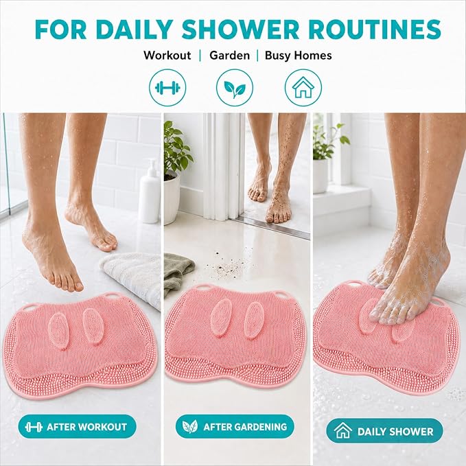 XL Silicone Shower Foot Scrubber Mat with Suction Cups, Foot Washer for Shower, Foot and Back Scrubber for Smooth Shower Wall or Floor, Pink, 17.3 x 12.9 in