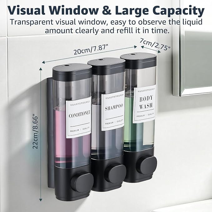 Pollock Shampoo and Conditioner Dispenser,Black 3 Chamber*300ml | Shower Soap Dispenser No Drill,Shampoo Body Wash Conditioner for Bathroom Large Capacity