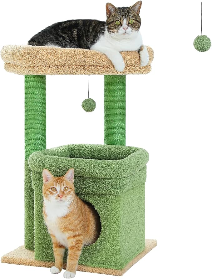 PEQULTI Indoor Cat Tree Tower Small Cats, Sisal Post & Cozy Condo, Green | Private soft cat condo, soft top perch, natural sisal scratch posts, plush pom-pom toy for indoor kitties