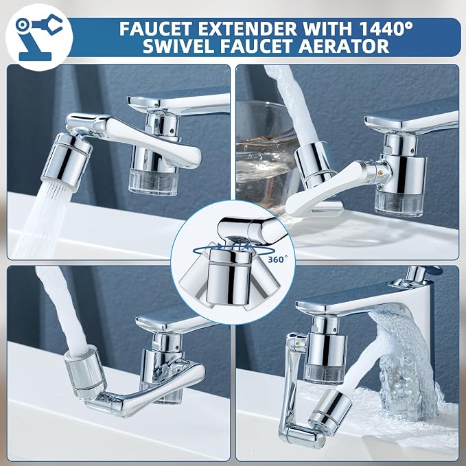 1080°Swivel Filter Faucet Extender Aerator - 8 Pcs Replacement Water Filter, 1080°+360°Rotating Robotic Arm 2 Mode Splash Filter, Solid Brass Faucet Sprayer Universal For Bathroom Kitchen Laundry Sink