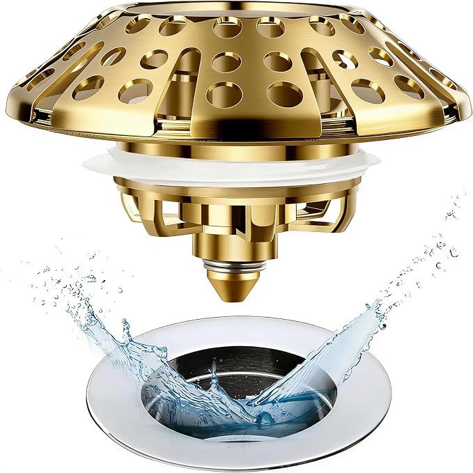 AzWzz Bathtub Drain Stopper,Pop Up Tub Stopper Plug with Hair Catcher Cover | All-metal, Universal for 1.45 in to 1.8 in Tub Drain, Brushed Gold