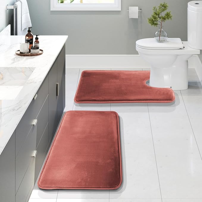 Clara Clark 2 Piece Bathroom Rugs, Velvet Memory Foam Bath Mat Set, Non-Slip Bath Rugs, Machine Wash, Dries Quickly, Ultra Soft Plush Bath Mats for Bathroom, 20 x 32 + Contour, Misty Rose