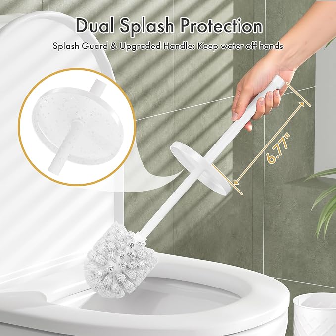 Toilet Bowl Brush and Holder Set 2 Pack with 4 Extra Brush Heads (White) | Extra Long Handle with Splash Guard Cover, Tool-Free Installation, Bathroom Space-Saving, Cleaner Sets for Apartments, RV