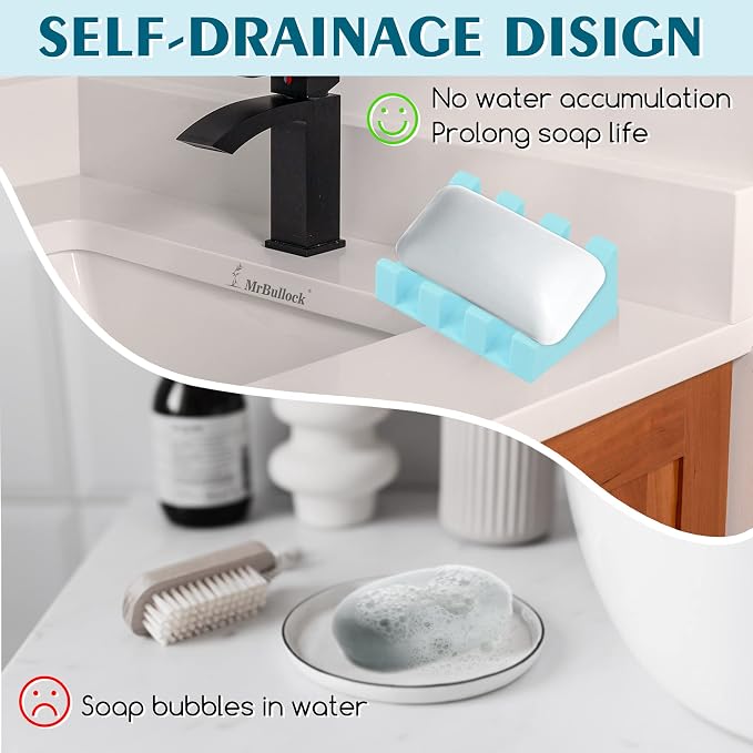 Silicone Soap Dish Self Draining for Shower & Kitchen (Sky Blue,2 Pack) | Waterfall drainage design drains fast to keep soap dry non-slip silicone base, practical soap saver for bathroom & kitchen