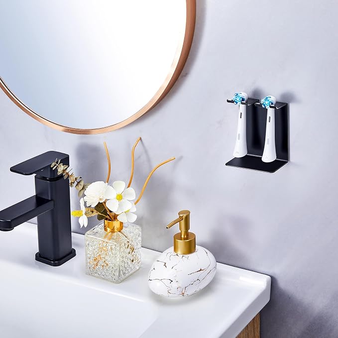 Electric Toothbrush Head Holder, Tooth Brushing Holder, Wall Mounted Toothbrush Holders Shower Bathroom, Self Adhesive or Desktop Tooth Brush Holder Organiser (Black, Small)