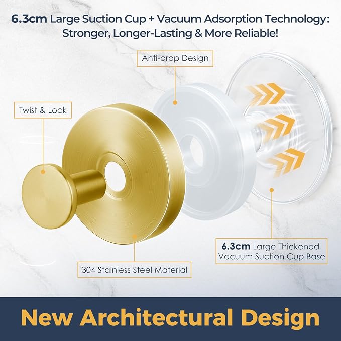 Large Suction Cup Hooks for Shower,Glass Window&Door,Mirror,Reusable Shower Hooks,No-Drill Removable Towel Hooks for Bathroom,4 Packs(Brushed Gold)