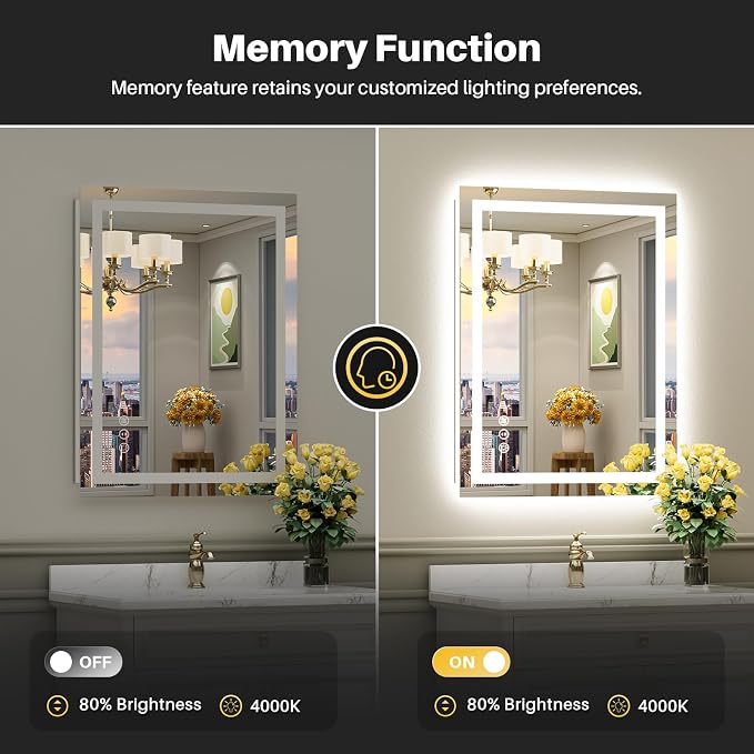 Briivue 28x32 Inch LED Bathroom Mirror with Lights, Backlit & Front Lit | Anti-fog, 3 Color Dimmable, Memory Function, HD Reflection Tempered Glass, ETL Listed, IP54 Waterproof