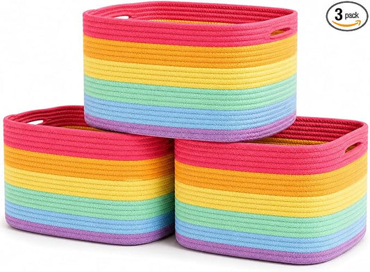 OrganiHaus Rainbow Cotton Rope Baskets for Shelves, Set of 3 - 15"×10"×9½" - Colorful Storage Baskets for Kids - Nursery, Playroom, Classroom - Toy Storage, Books, Towels