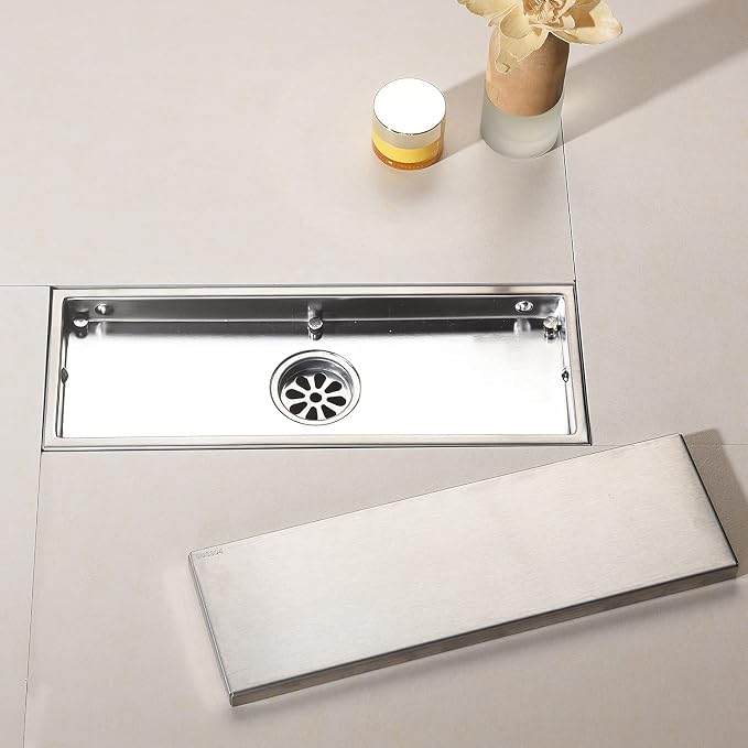 12 Inch Brushed Nickel Linear Shower Drain Pipe with Tile Insert Grille, Removable Hidden Cover, SUS304 Stainless Steel Rectangular Floor Drain