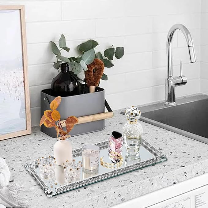 Silver Mirror Perfume Tray for Dresser,Crushed Diamond Filled Glass Vanity Tray,Decorative Bathroom Tray,Crystal Tray for Home Decorative,Party,Hotel Banquet,13.8''x5.9''x1'',Silver