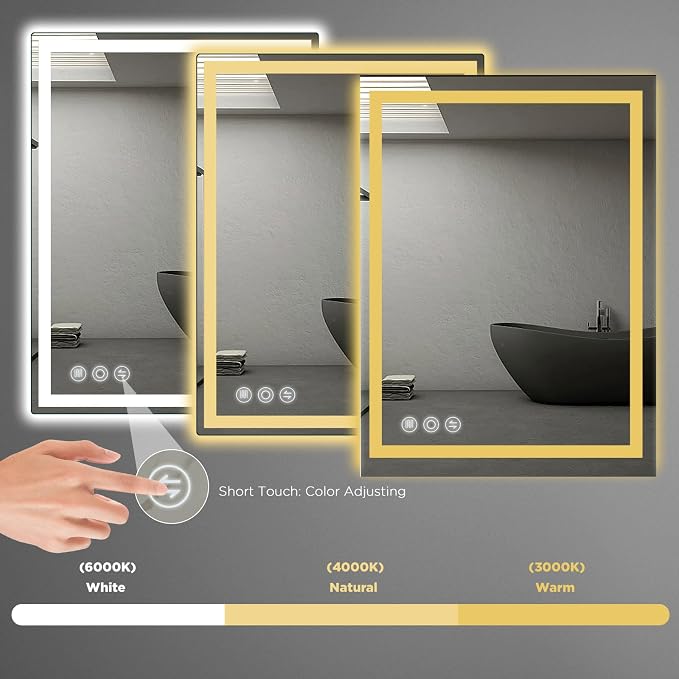 Memobarco 28" x 36" LED Bathroom Mirror with Lights, Memory Vanity Mirror | Anti-Fog, 3 Color Modes, Dimmable, Front Lit, Memory Function, Tempered Glass, Lighted Bathroom Mirror for Wall