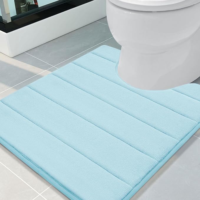 Buganda Memory Foam U-Shaped Toilet Rugs 24 x 20, Absorbent Bathroom mat | Light Blue, Thick Soft Machine Washable toilet mat for bathroom, Contour Bath Rugs Mat for Toilet Base