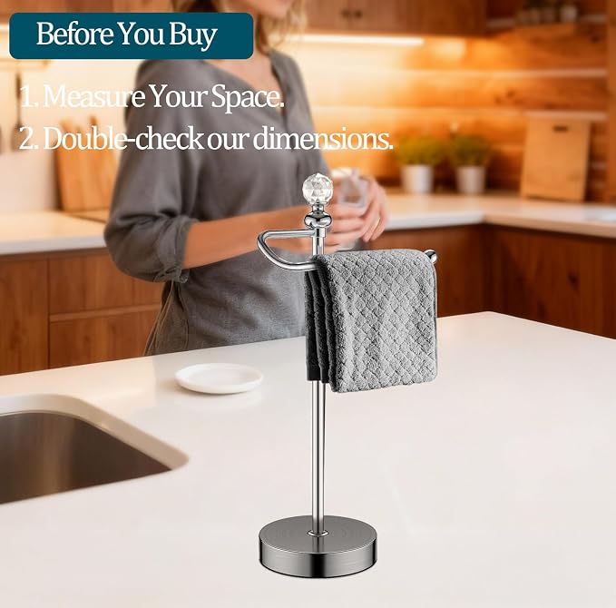 ROLABAM Heavy Weighted Hand Towel Holder (with Crystal Ball) Hand Towel Holder Stand Total Height 16.54'' for Kitchen, Bathroom and Countertops, Classic Metal Fingertip Towel Holder, Brushed Nickel