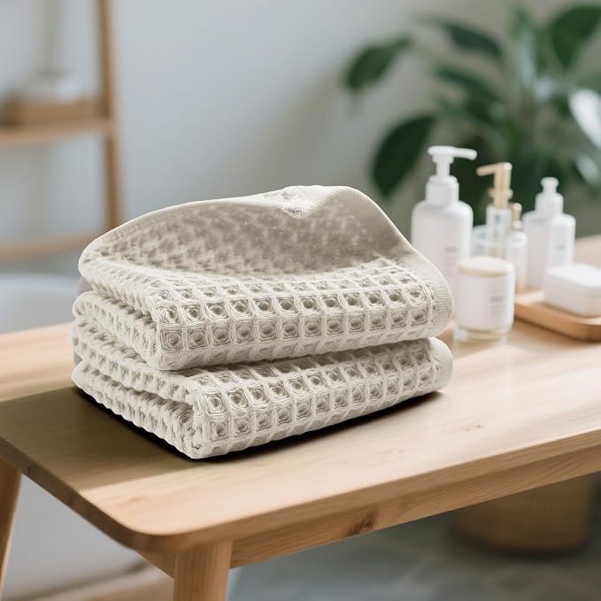 Jacquotha Waffle Hand Towels 2-Piece (Mist White) – Cotton, Quick Dry, Lint Free, 13” x 29”