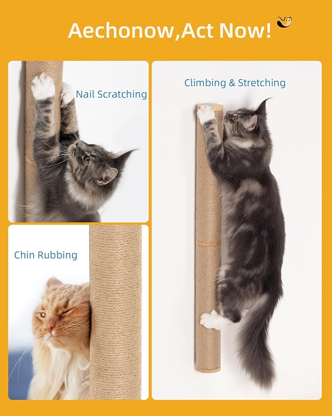 Aechonow 68" Wall Mounted Cat Scratcher,2Pcs of 34in Sisal Scratching Posts | Wood Cat Wall Scratcher,Cat Wall Furniture for Indoor Cats,Cat Wall Climber, Natural Sisal,Tall & Sturdy Corner Climbing Pole