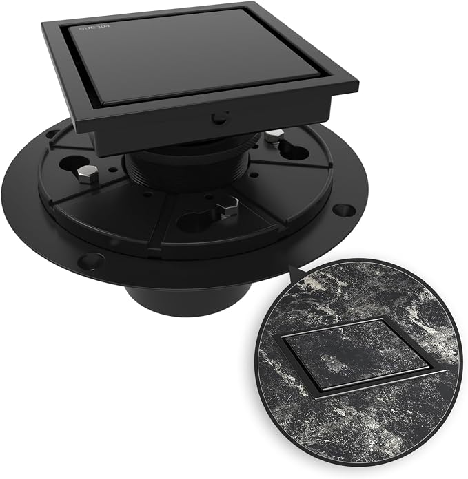 WEBANG 4 Inch Square Shower Drain Black Floor Drain with Flange Reversible 2-in-1 Cover Tile Insert Grate Removable SUS304 Stainless Steel CUPC Certified Matte Black